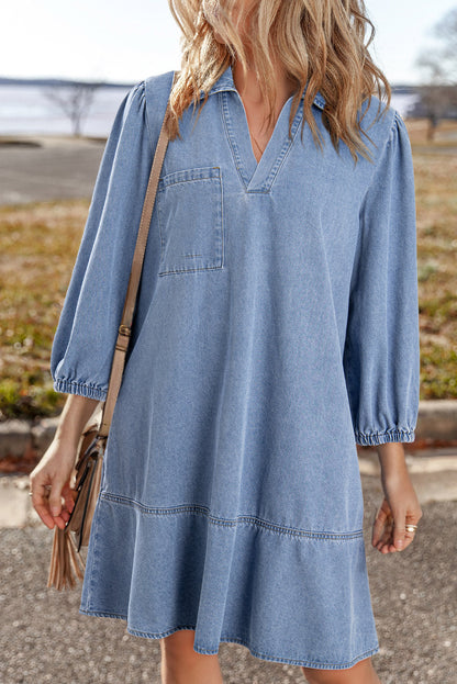 Beau Blue V Neck Collared Single Chest Pocket Long Sleeve Denim Dress