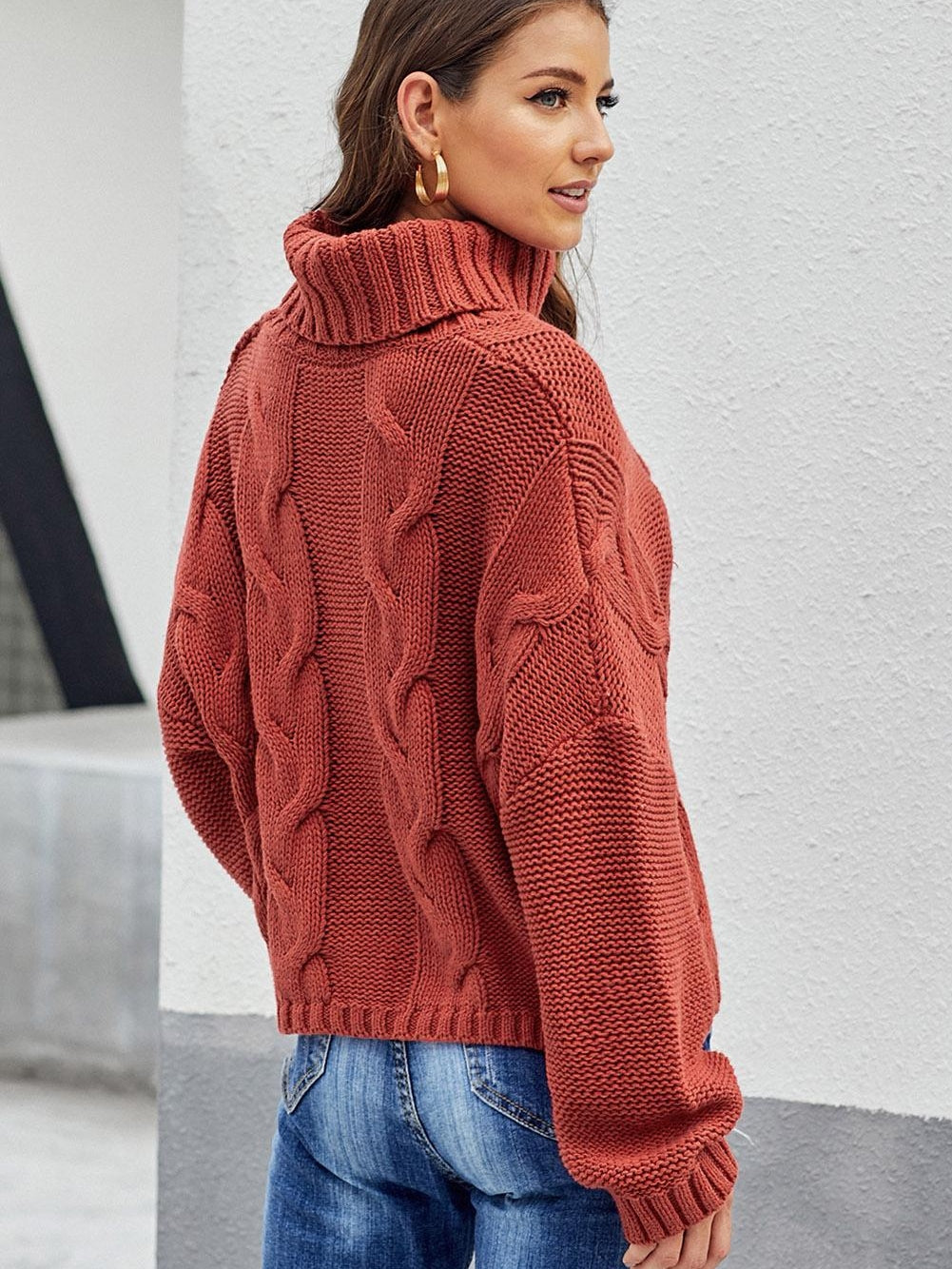Fiery Red Handmade Cable Knit Turtleneck Sweater for Cozy Winter Days