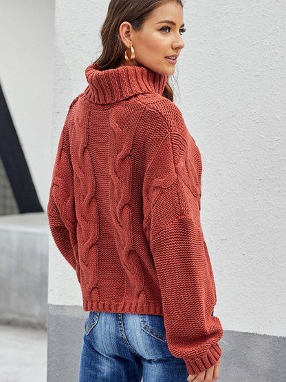 Fiery Red Handmade Cable Knit Turtleneck Sweater for Cozy Winter Days