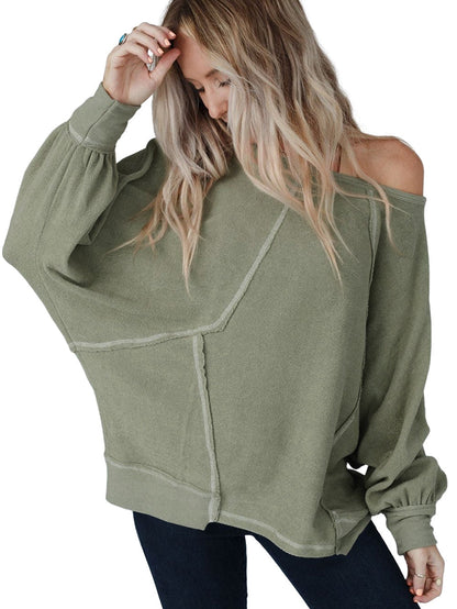 Green Exposed Stitch Detail Dolman Sleeve Patchwork Blouse