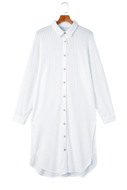 White Striped Crinkle Button Front Shirt Dress Cover-Up