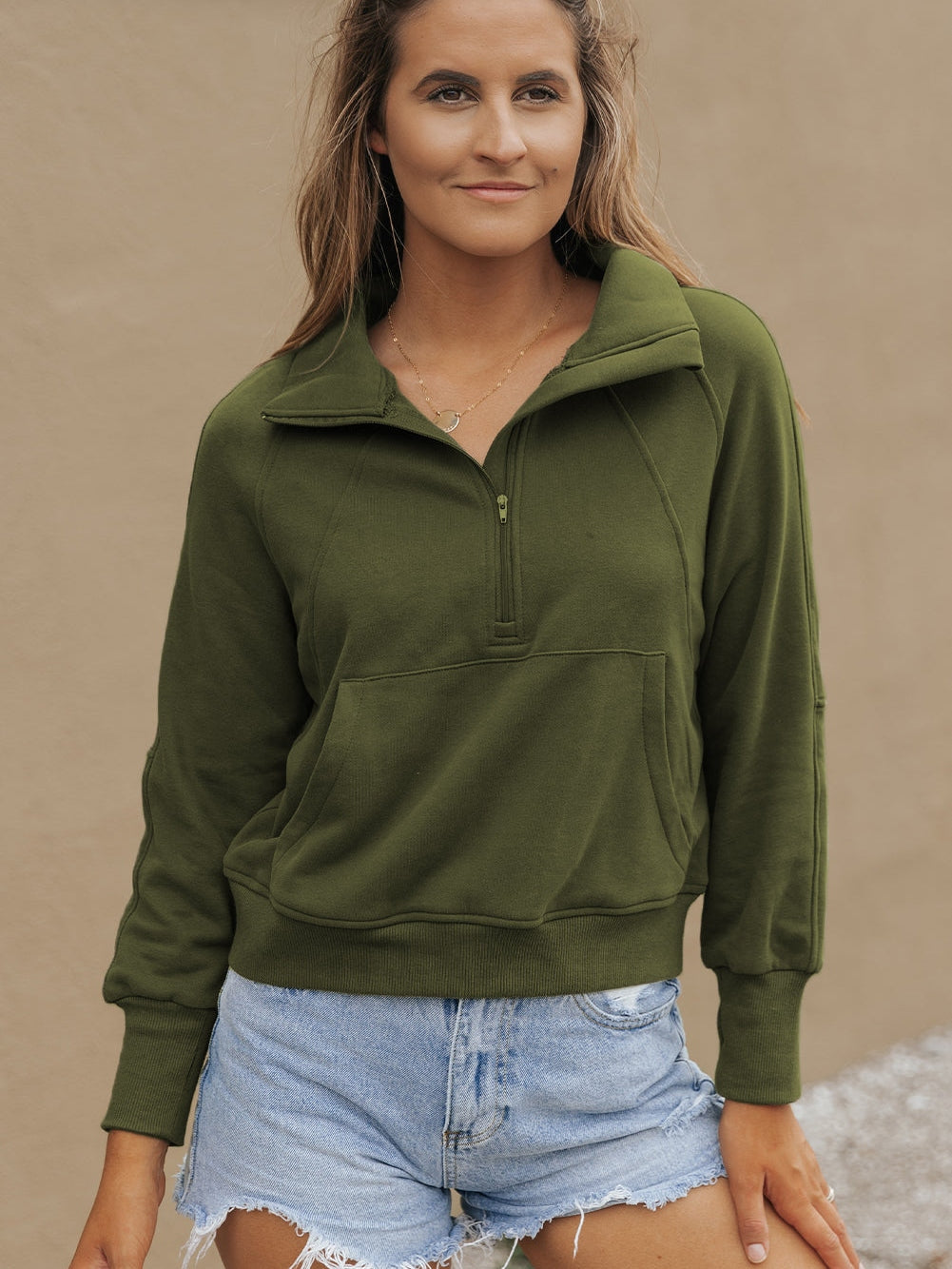 Green Ribbed Stand Collar Thumbhole Sleeve Casual Sweatshirt with Zipper