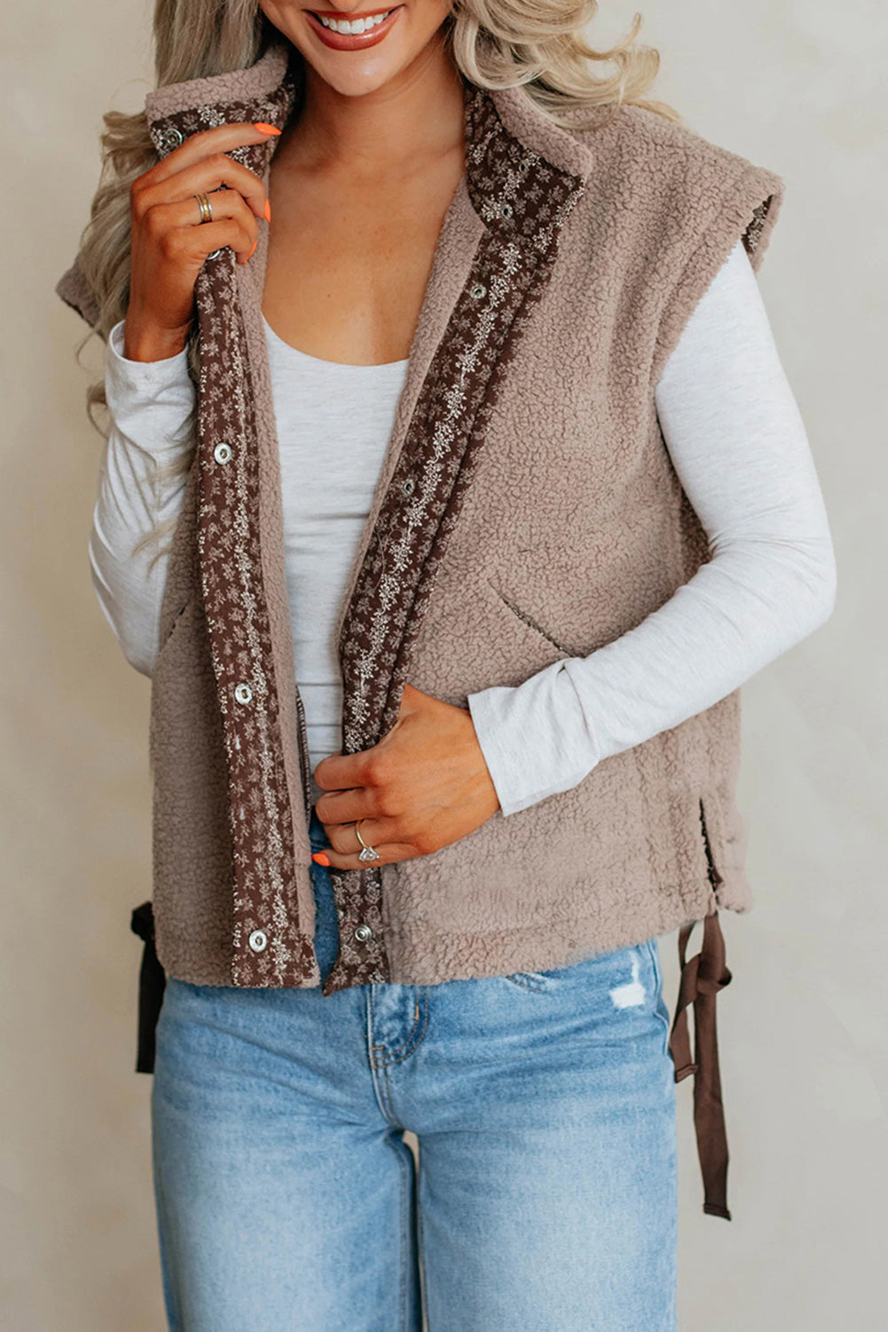 Goat Sherpa Pocketed Contrast Trim Button Down Drawstring Side Slit Vest