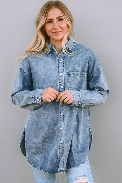 Pocket Short Sleeve Denim Slit Shirt Dress