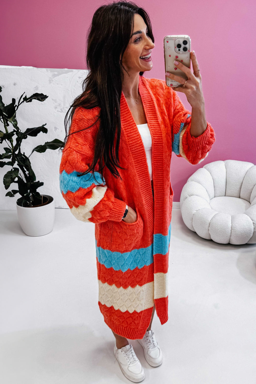 Orange Color Block Side Pockets Open Front Long Cardigan