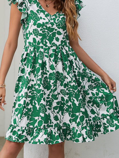 Bohemian Leaf Print Fashion Loose V-Neck Pleated Mini Dress