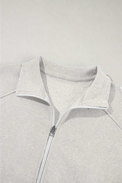 Light Grey Drop Shoulder Zip Up Jacket Drawstring Pants Active 2pcs Set