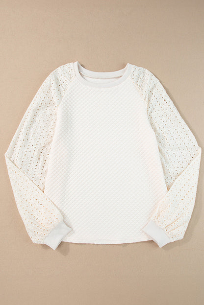Eyelet Accent Quilted Patchwork Sleeve Blouse