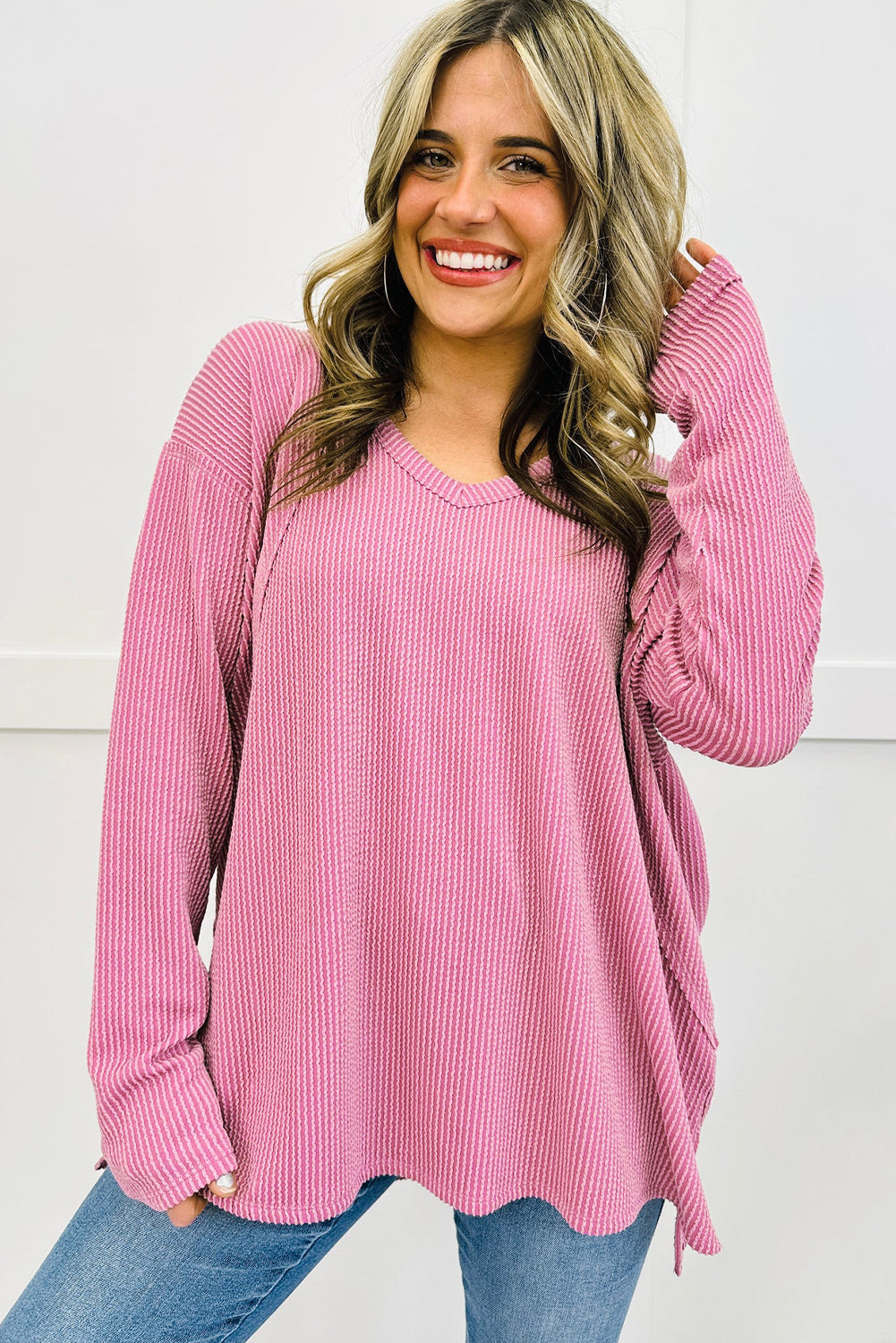 twisted ribbed long sleeve top