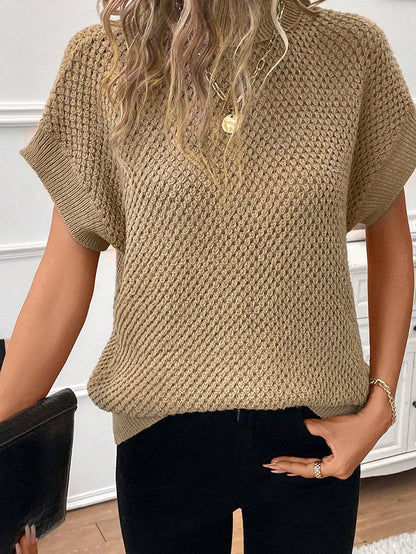 Elegant Pale Khaki Turtleneck Textured Short Sleeve Jumper