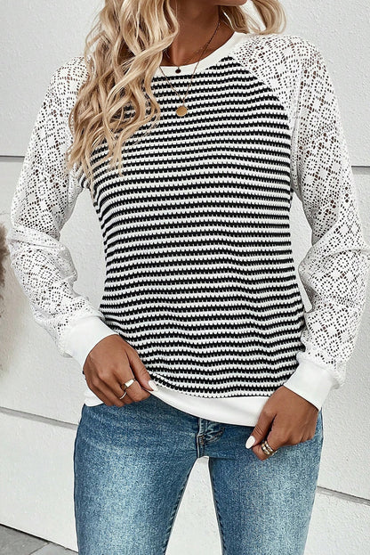 Black Stripe Textured Knit Contrast Hollowed Lace Patchwork Long Sleeve Top