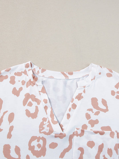 White Leopard Print V Neck Short Sleeve Plus Size Top