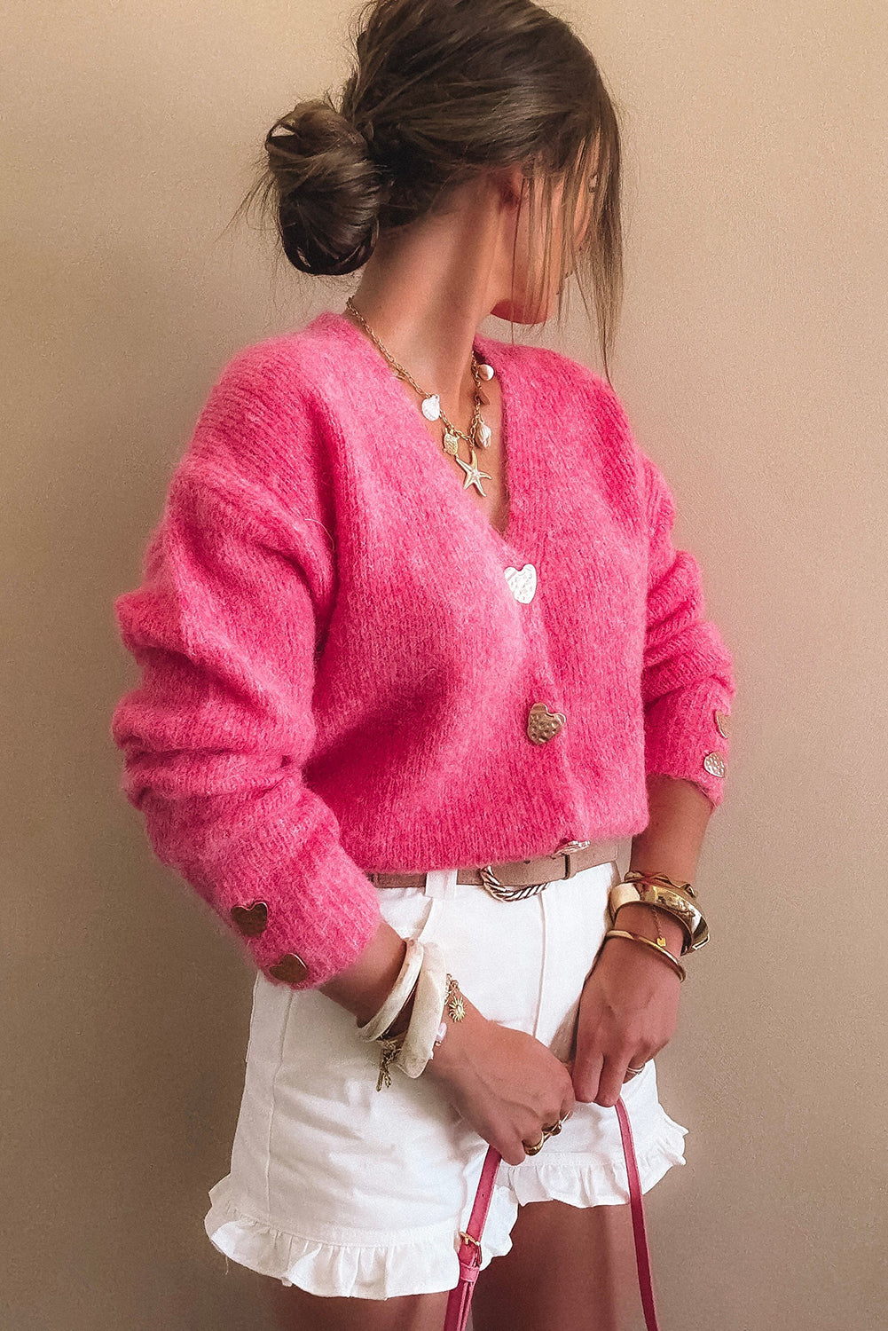 Strawberry Pink V Neck Heart Chunky Knit Metal Button Sweater Cardigan