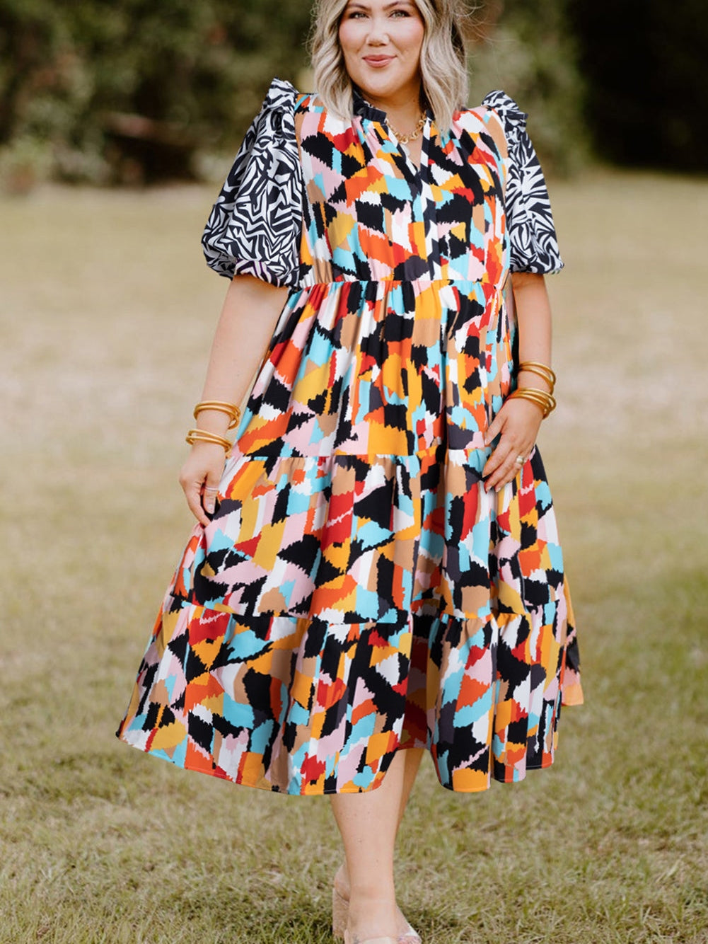 Pink Geometric Print Tiered Shift Dress for Plus Size Fashionistas