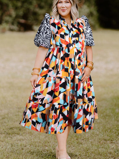 Pink Geometric Print Tiered Shift Dress for Plus Size Fashionistas