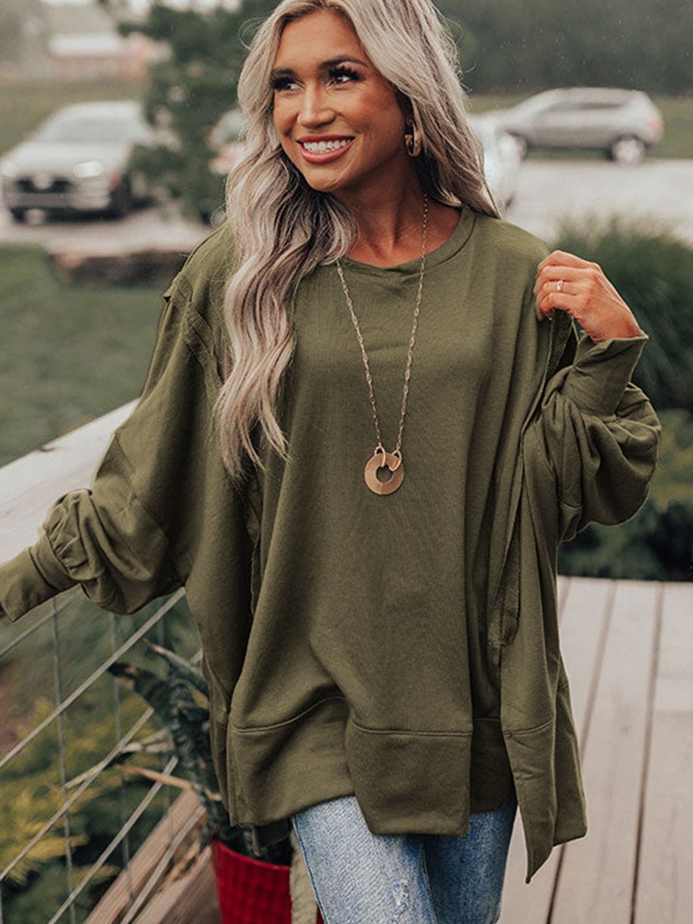 Green Patchwork Oversized Drop Shoulder Top