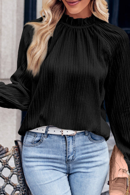 Elegant Black Ripple Sleeve Blouse with Frilled Stand Neck