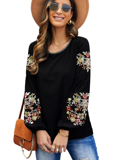 Elegant Floral Embroidered Black Top