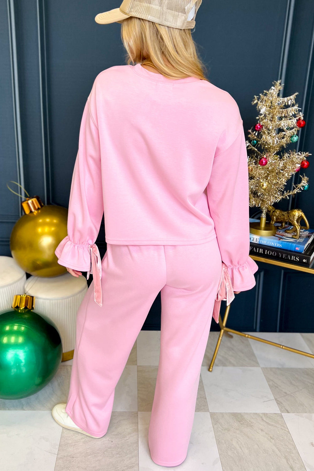 Pink Velvet Bow Detail Poet Sleeve Top and Pants Set