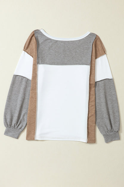 Grey Color Block Patchwork Knit Sweater with Exposed Seam Detail