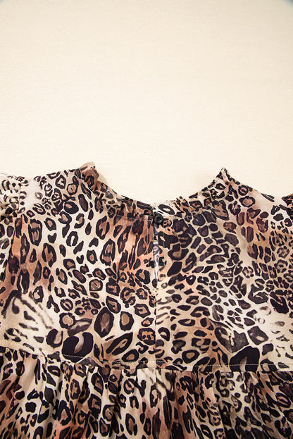 Brown Leopard Ruffled Detail Long Sleeve Loose Mini Dress
