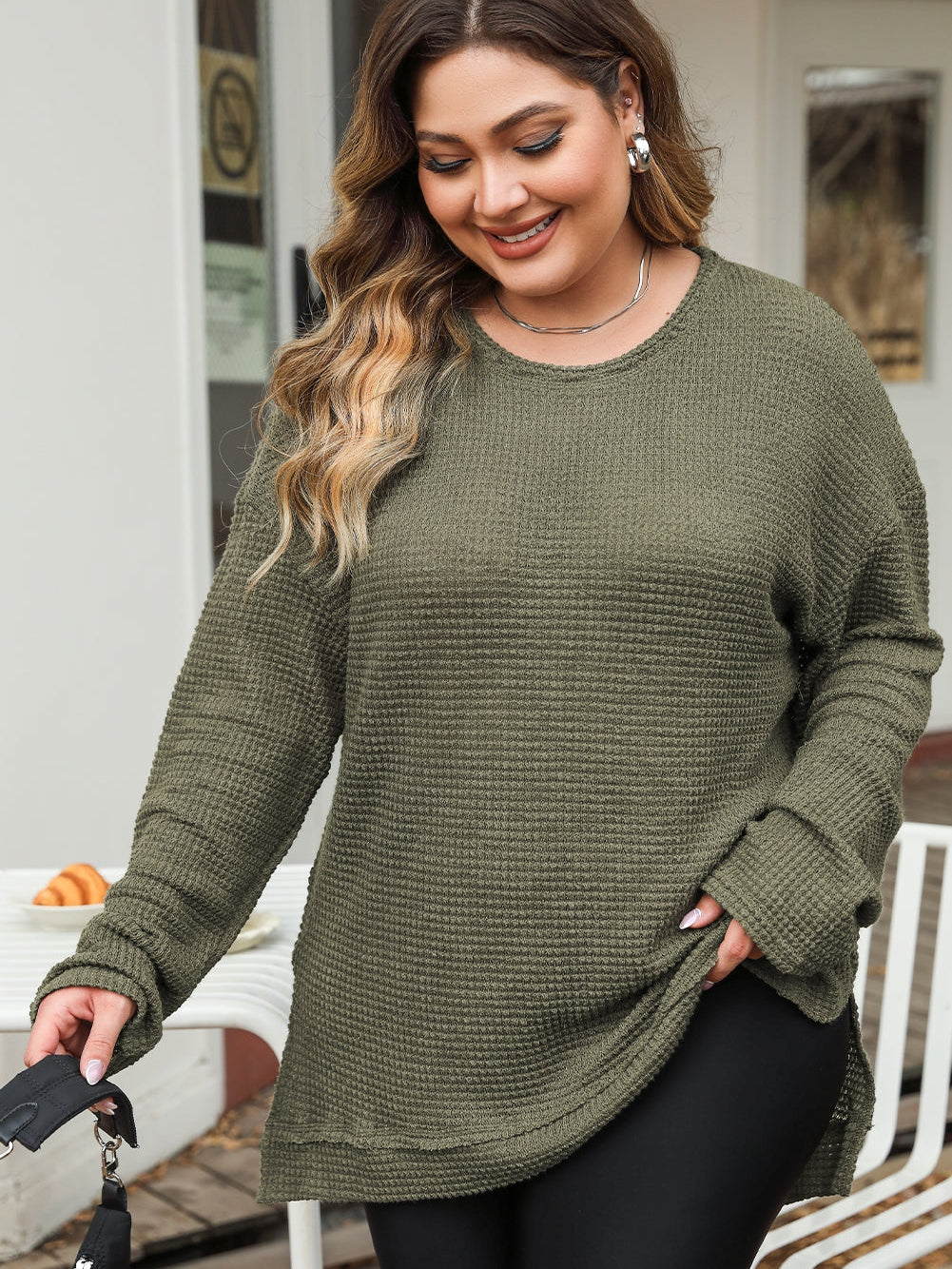 Textured Moss Green Plus Size Waffle Knit Top with Long Sleeves