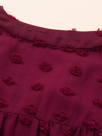 Swiss Dot Burgundy Plus Size V-Neck Mini Dress with Ruffled Sleeves