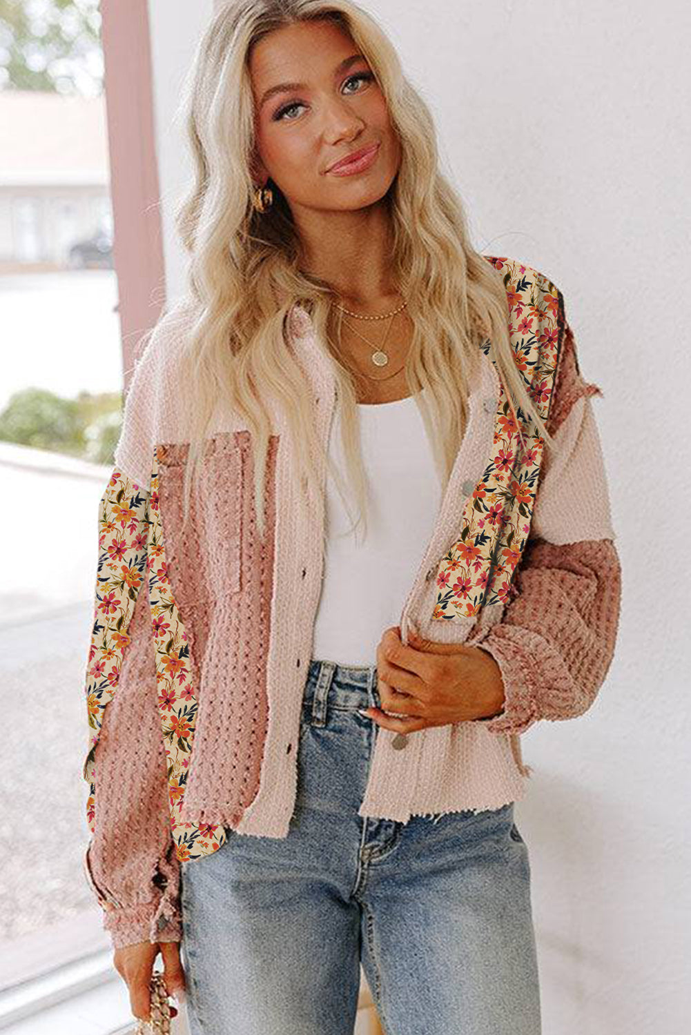 Delicacy Textured Floral Colorblock Patchwork Button Up Distressed Jacket