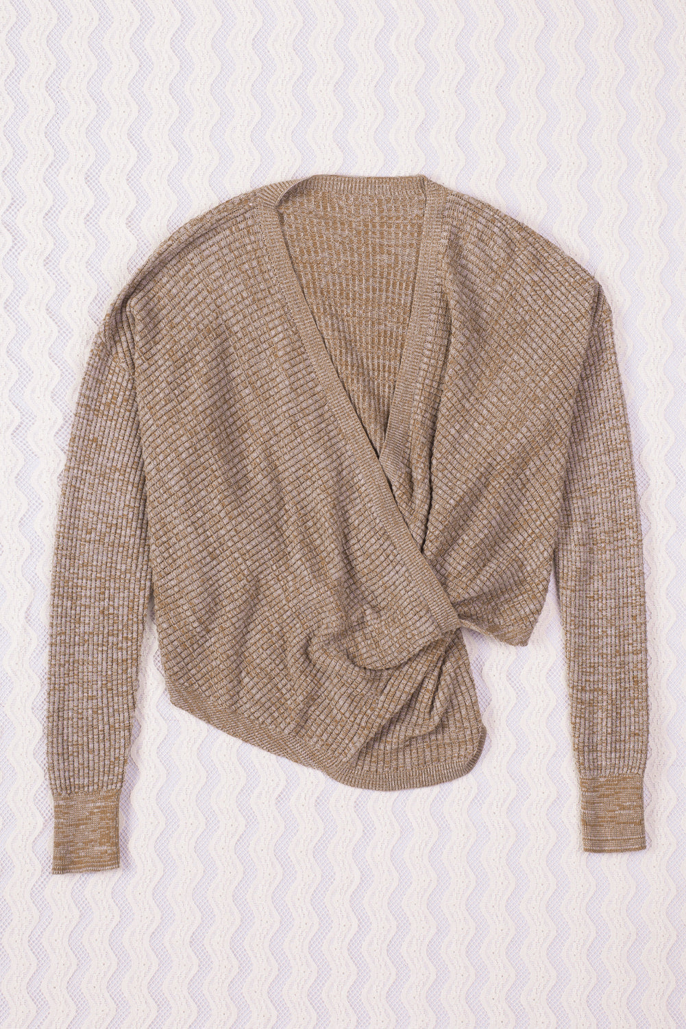 Khaki Reversible Wrap V Neck Waffle Knit Sweater