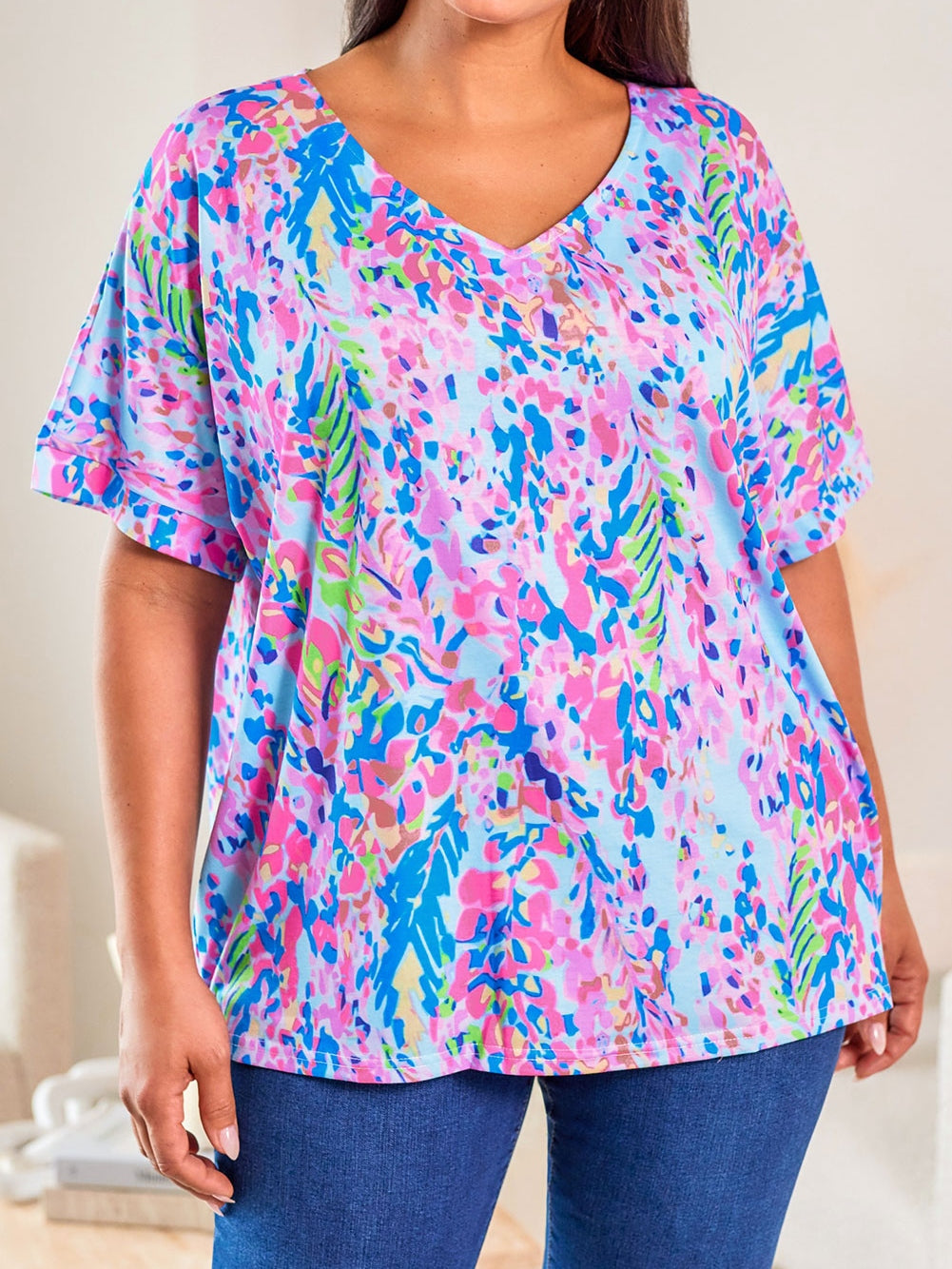Sky Blue Floral Print Ruffle Sleeve Plus Size V Neck Top