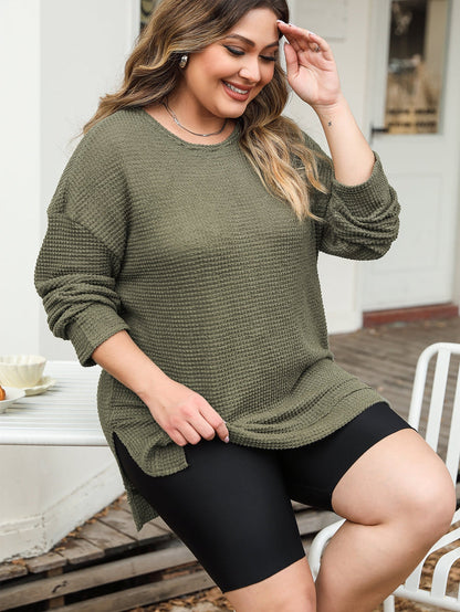 Textured Moss Green Plus Size Waffle Knit Top with Long Sleeves