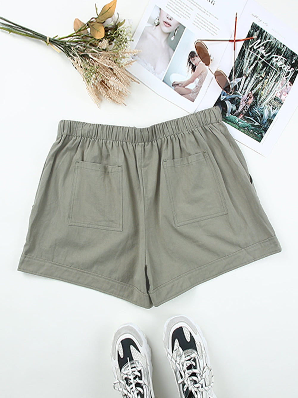 Green Cotton High Waist Loose Fit Shorts with Drawstring Waistband