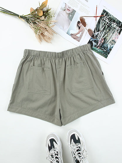 Green Cotton High Waist Loose Fit Shorts with Drawstring Waistband