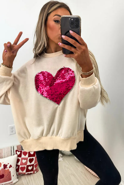 Beige Big Sequin Heart Pattern Ribbed Trim Side Slit Sweatshirt