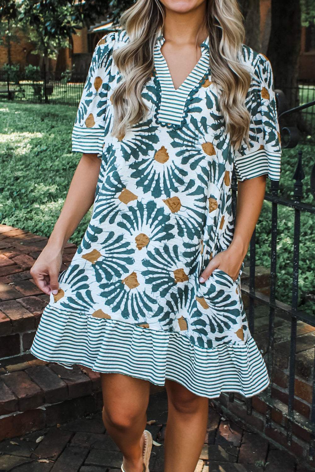 Green Abstract Floral Print Striped Collar Ruffle Hem Mini Dress