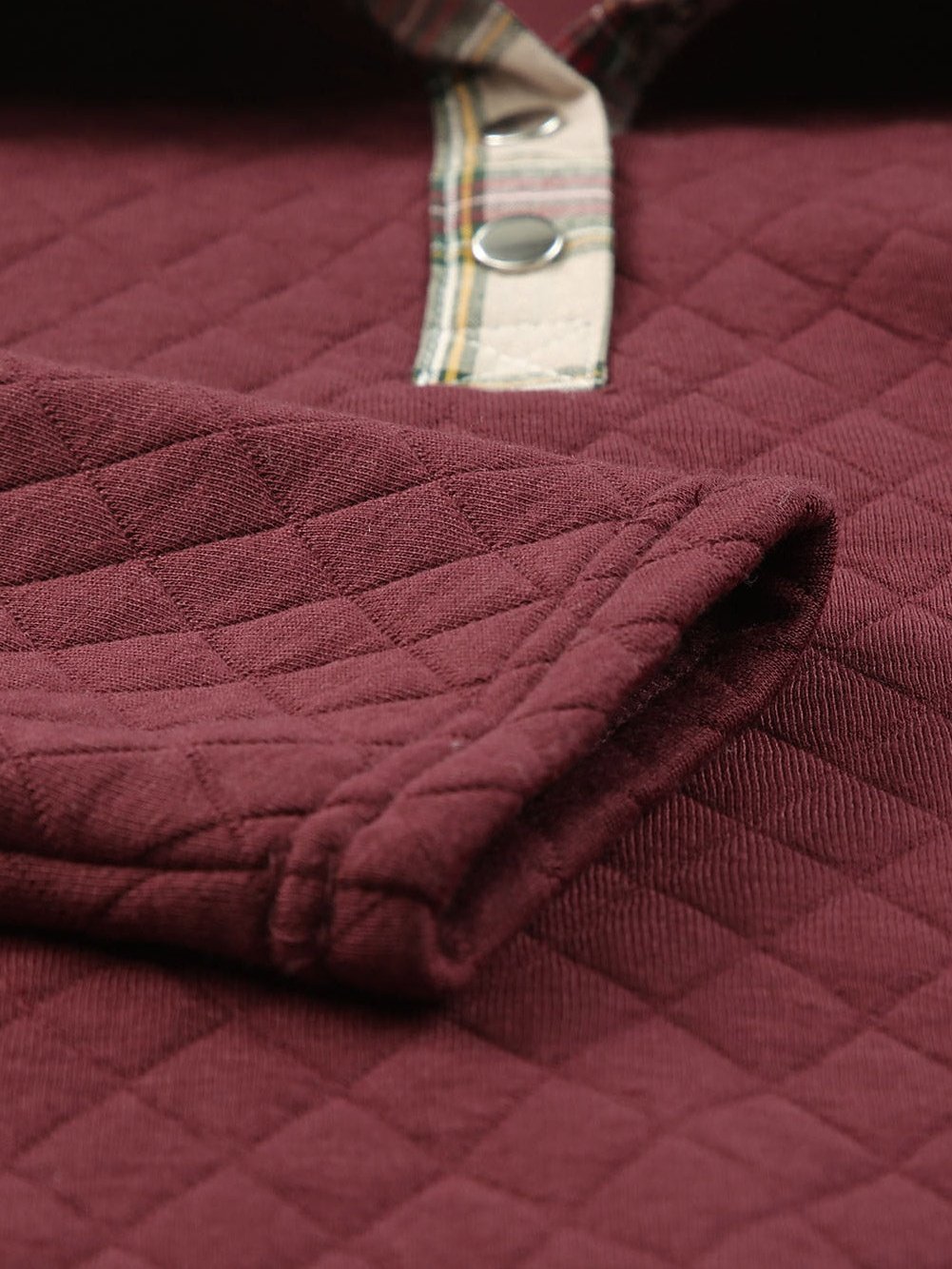 Fiery Red Plaid Trim Sweatshirt with Geometric Detail