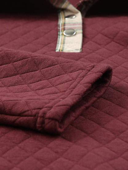 Fiery Red Plaid Trim Sweatshirt with Geometric Detail