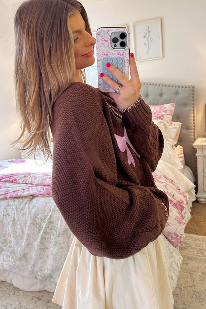 Chicory Coffee Bow Graphic Contrast Stitched Trim Chunky Cardigan Sweater