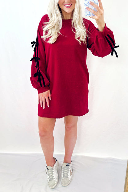 Racing Red Contrast Striped Bow Detail Drop Shoulder Tunic T Shirt Dress