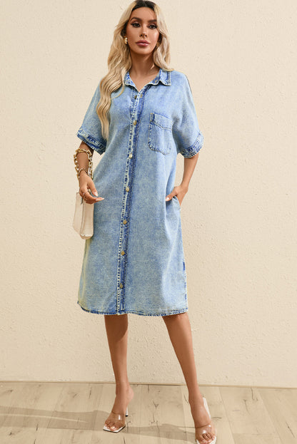 Denim Shirt Dress with Button Pockets