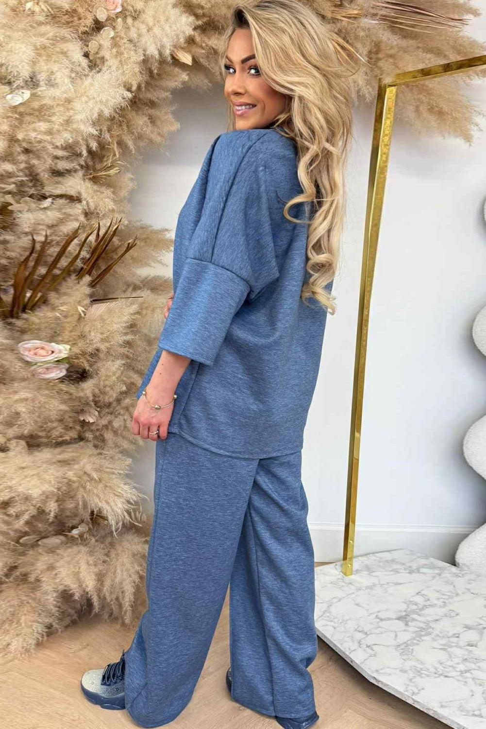Ashleigh Blue 3/4 Sleeve Loose Top Drawstring Wide Leg Pant Set
