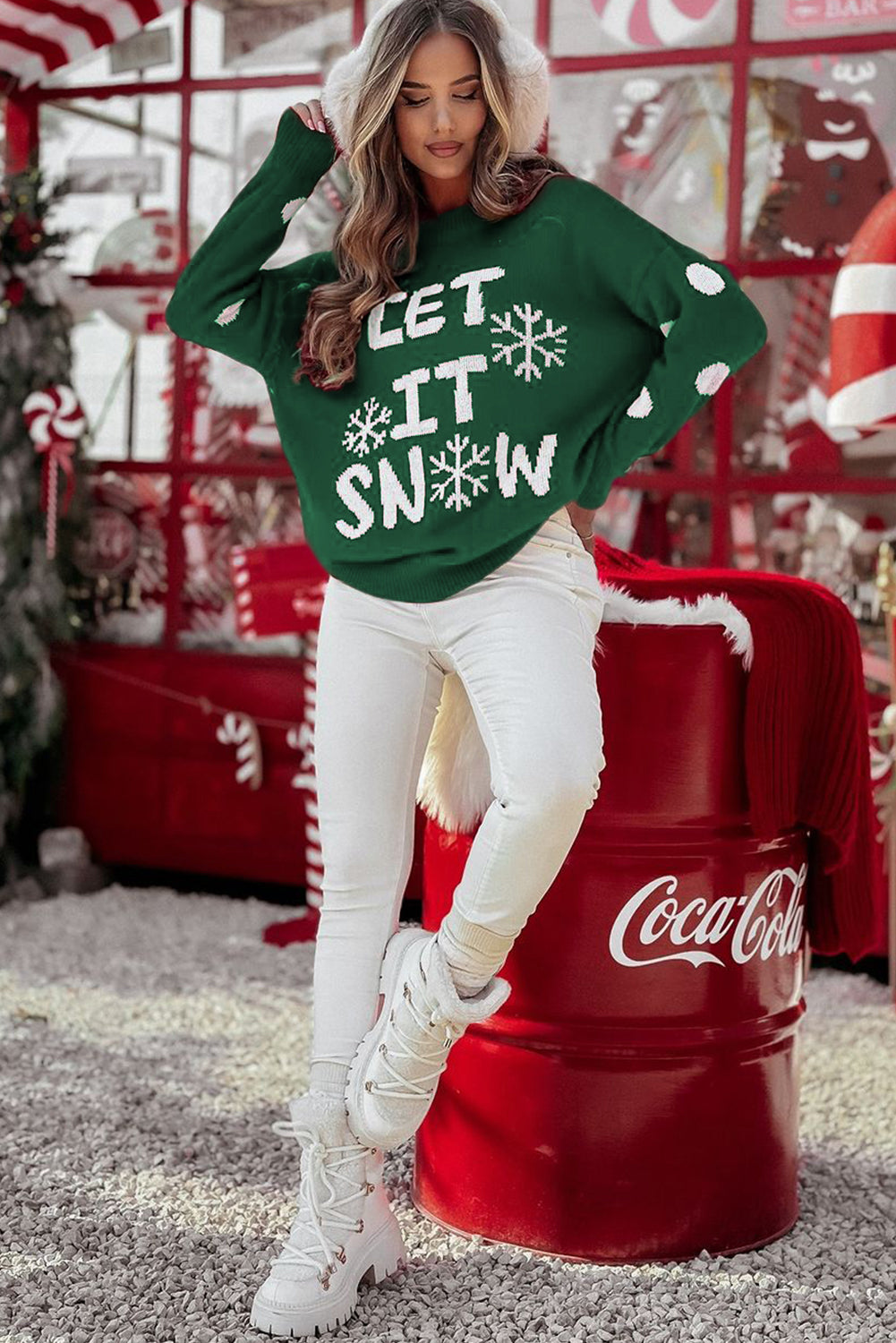 Blackish Green LET IT SNOW Graphic Christmas Holiday Loose Sweater