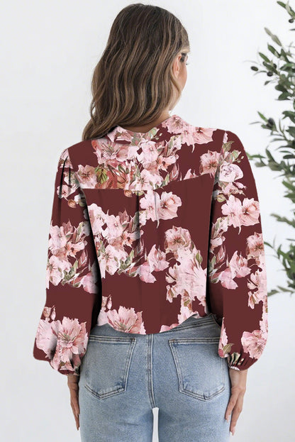 Brown Floral Puff Sleeve Lightweight Shirt