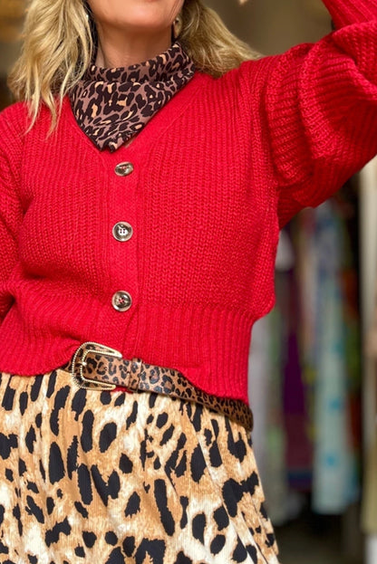 Fiery Red Button V Neck Fitted Hem Contrast Sweater Cardigan