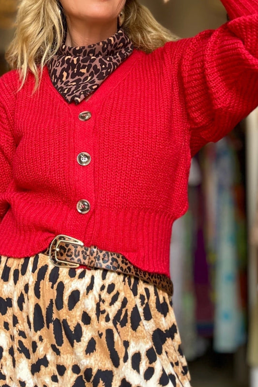 Fiery Red Button V Neck Fitted Hem Contrast Sweater Cardigan