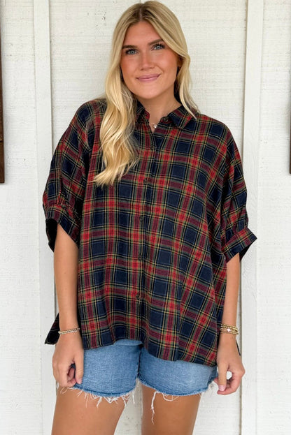 Sail Blue Retro Plaid Half Sleeve Loose Shirt