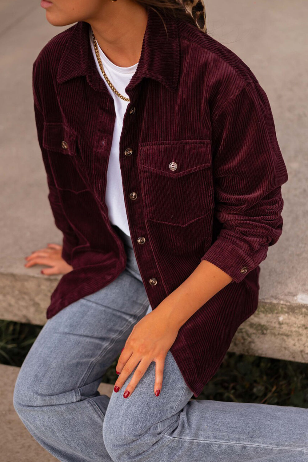 Grape Wine Solid Color Button Flap Pocket Corduroy Shacket