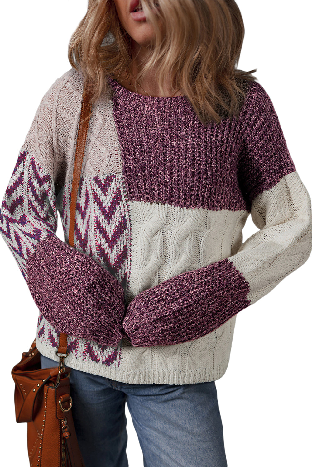 Purple Color Block Patchwork Knotted Back Loose Fit Sweater