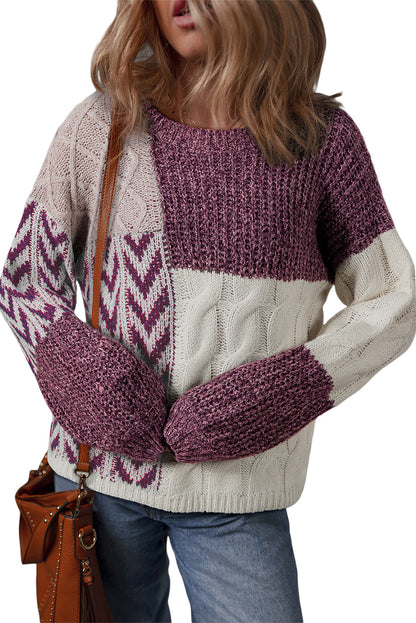 Purple Color Block Patchwork Knotted Back Loose Fit Sweater