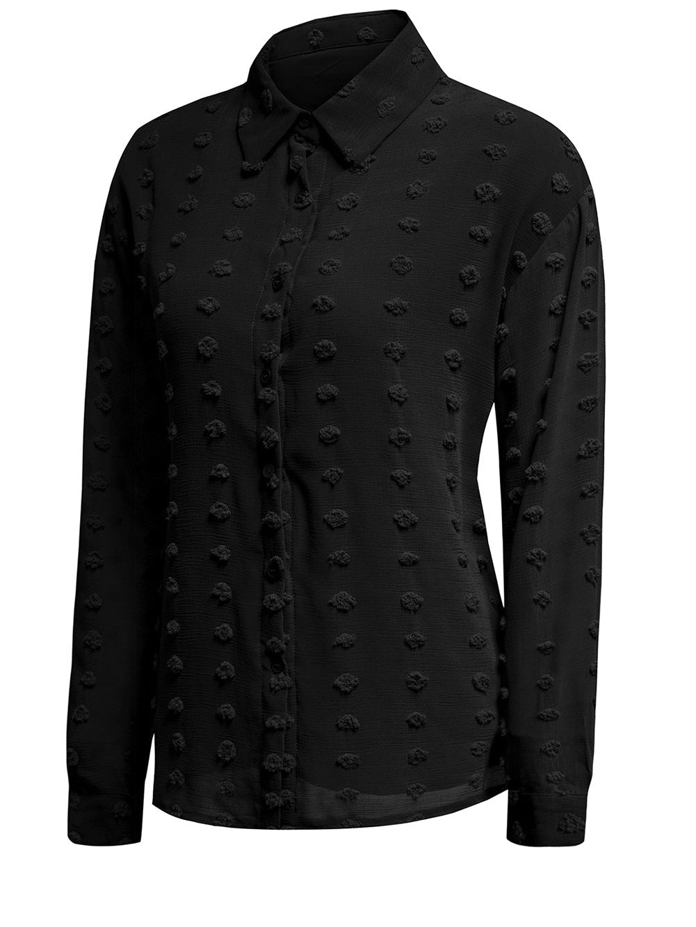 Elegant Black Polka Dot Fuzzy Button-Up Blouse